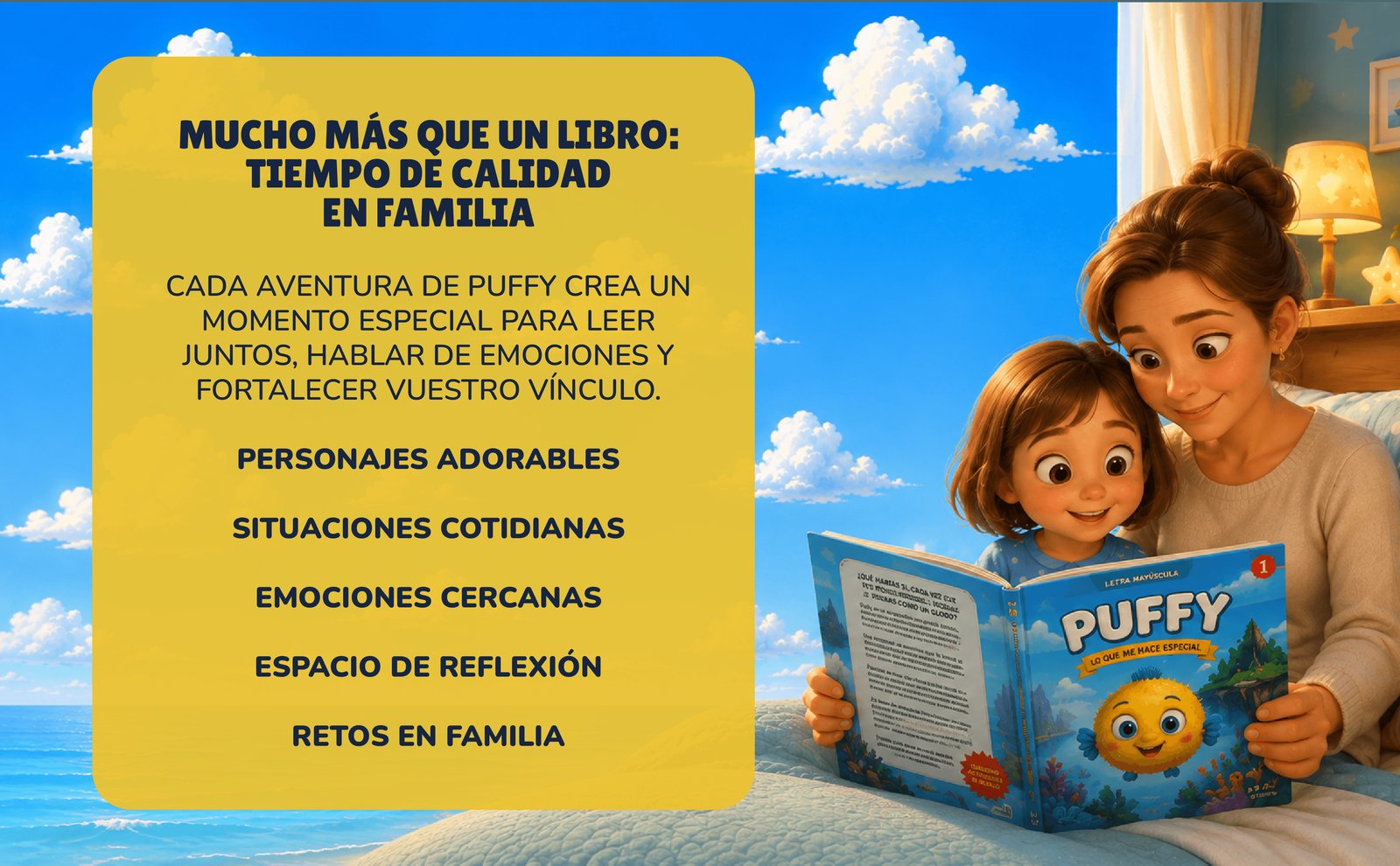 Mucho más que un libro: tiempo de calidad en familia. Cada aventura de Puffy crea un momento especial para leer juntos y hablar de emociones.